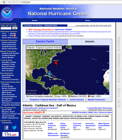 National Hurricane Center visar Sandy.